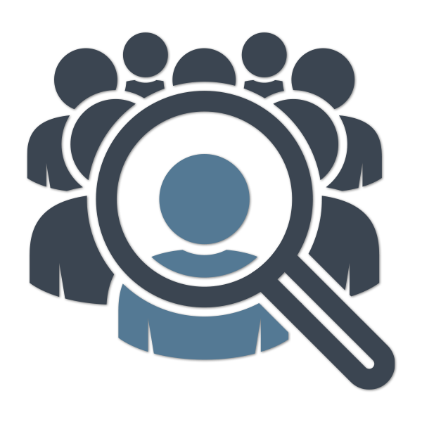 Segmented audience icon with magnifying glass selecting one person.